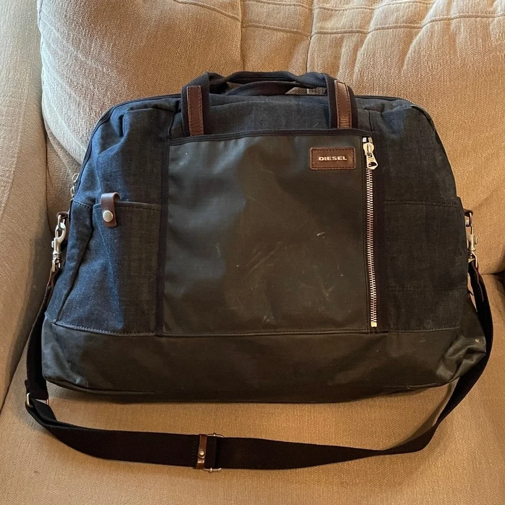 Diesel Duffle Bag Denim Coated Canvas Large Weekender Travel Bag Black Blue